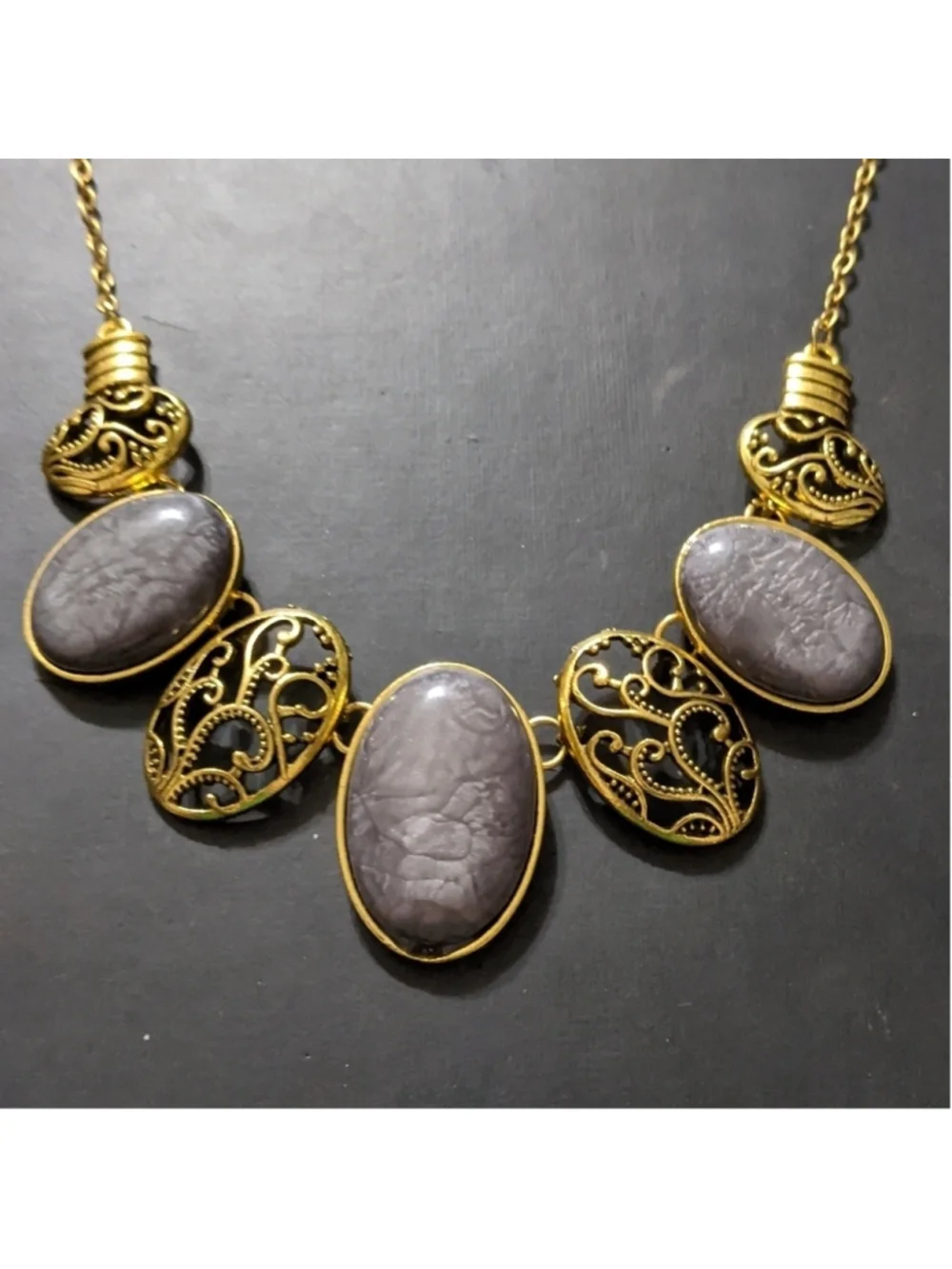 Gold Tone Grey Swirl Oval Filagree Statement Necklace